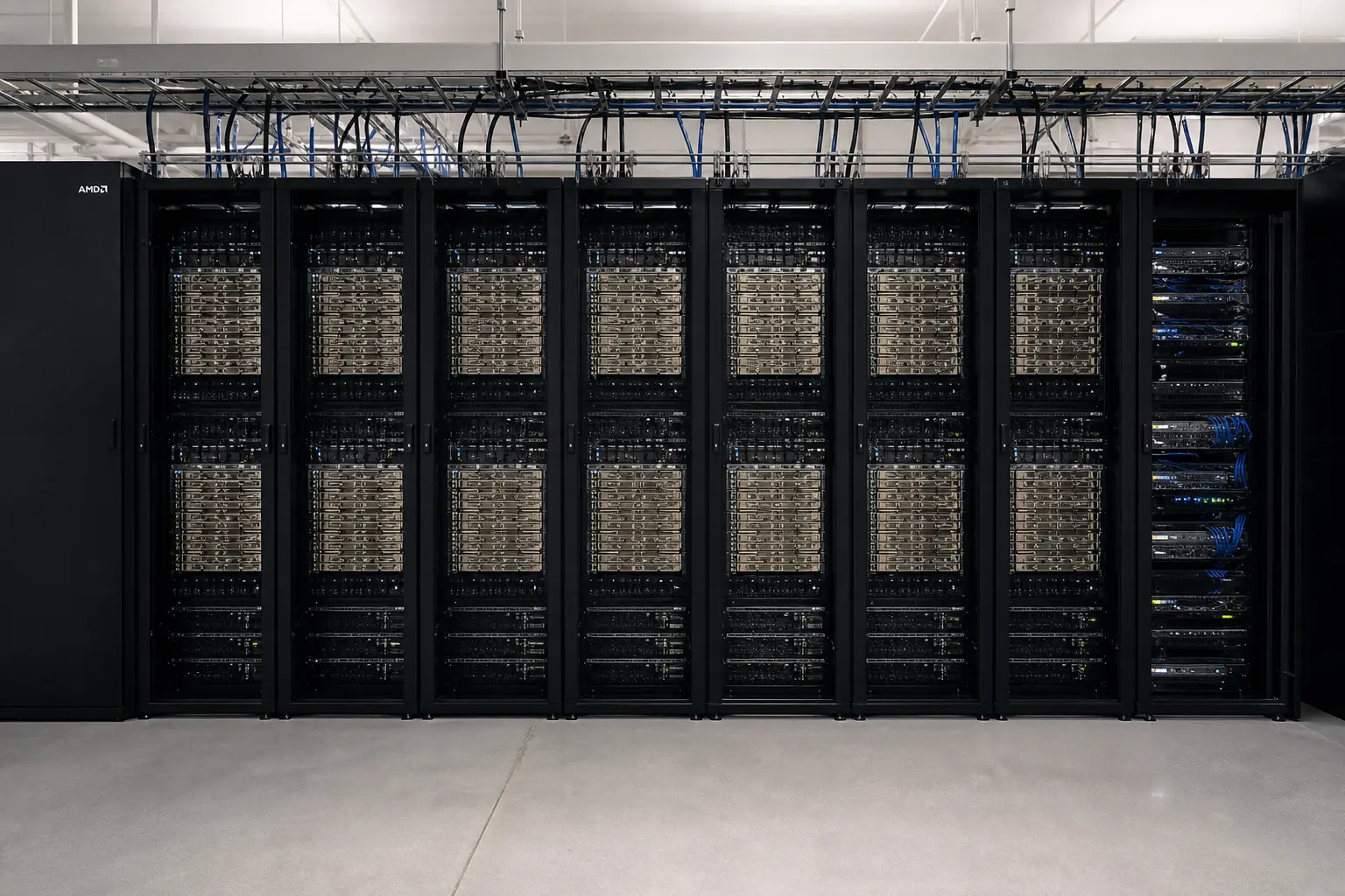 Ein Techniker arbeitet an einem dicht bestückten Server-Rack in einem Rechenzentrum.