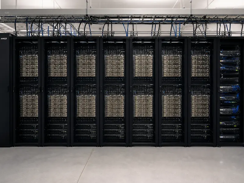 Ein Techniker arbeitet an einem dicht bestückten Server-Rack in einem Rechenzentrum.