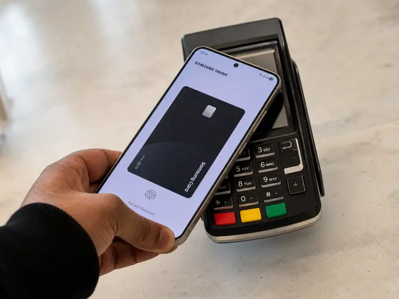 Eine Person bezahlt in einem Geschäft mit einem Samsung-Smartphone über die Wallet-App.