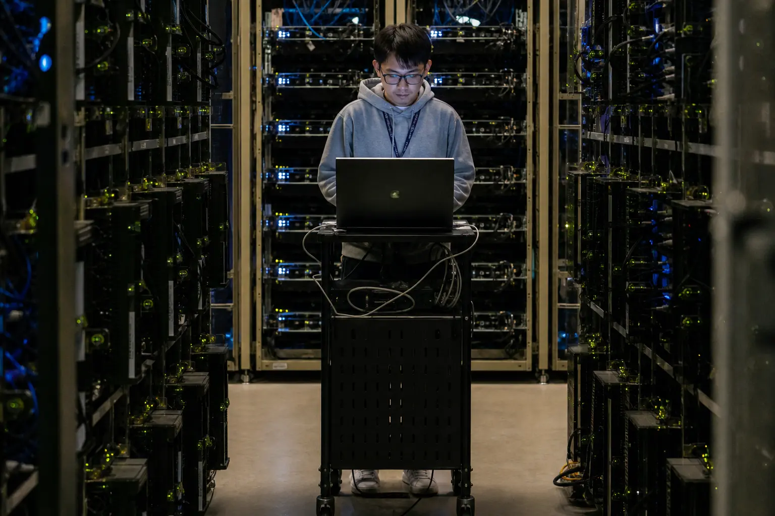 Ein Serverrack in einem Rechenzentrum mit leuchtenden Statusanzeigen