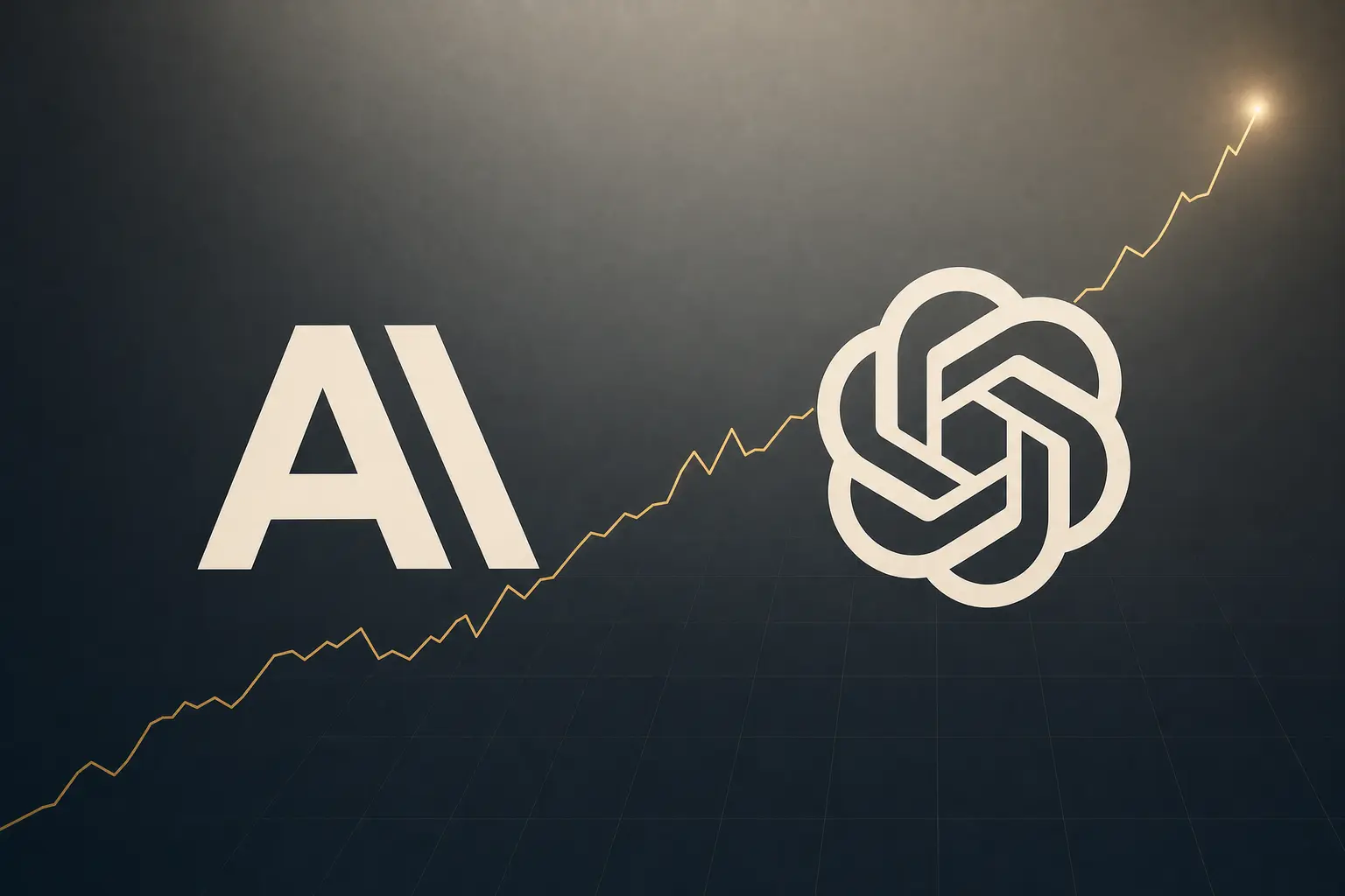 Anthropic and OpenAI logos side by side against a dark background, with a rising line graph sweeping upward behind them.