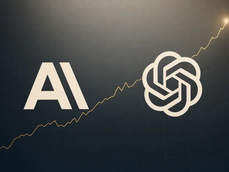 Anthropic and OpenAI logos side by side against a dark background, with a rising line graph sweeping upward behind them.