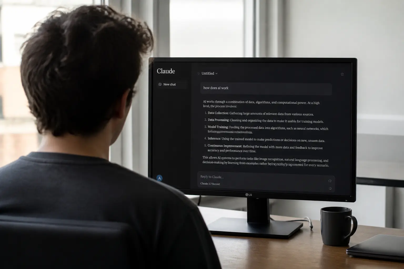 A straight-on over-the-shoulder view of a developer at a desk with the Claude chat interface open on a monitor showing text output, lit by ordinary office dayli