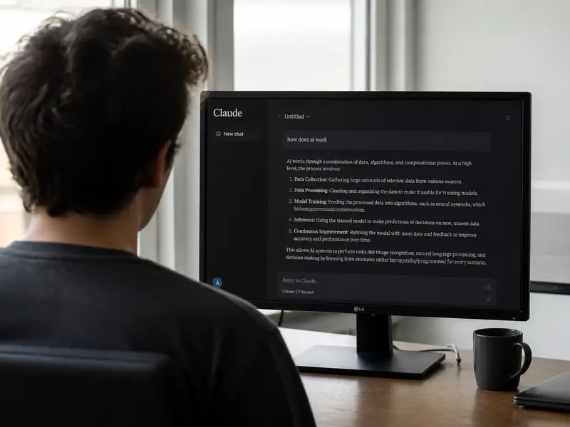 A straight-on over-the-shoulder view of a developer at a desk with the Claude chat interface open on a monitor showing text output, lit by ordinary office dayli