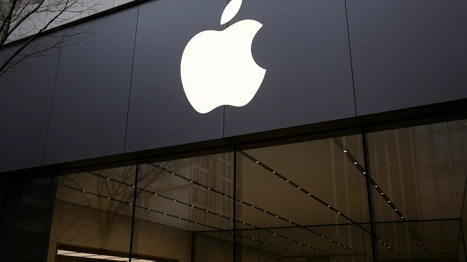 A candid street-level photograph of customers browsing MacBooks and iPads on display through the glass of a busy Apple Store, with the glowing Apple logo above