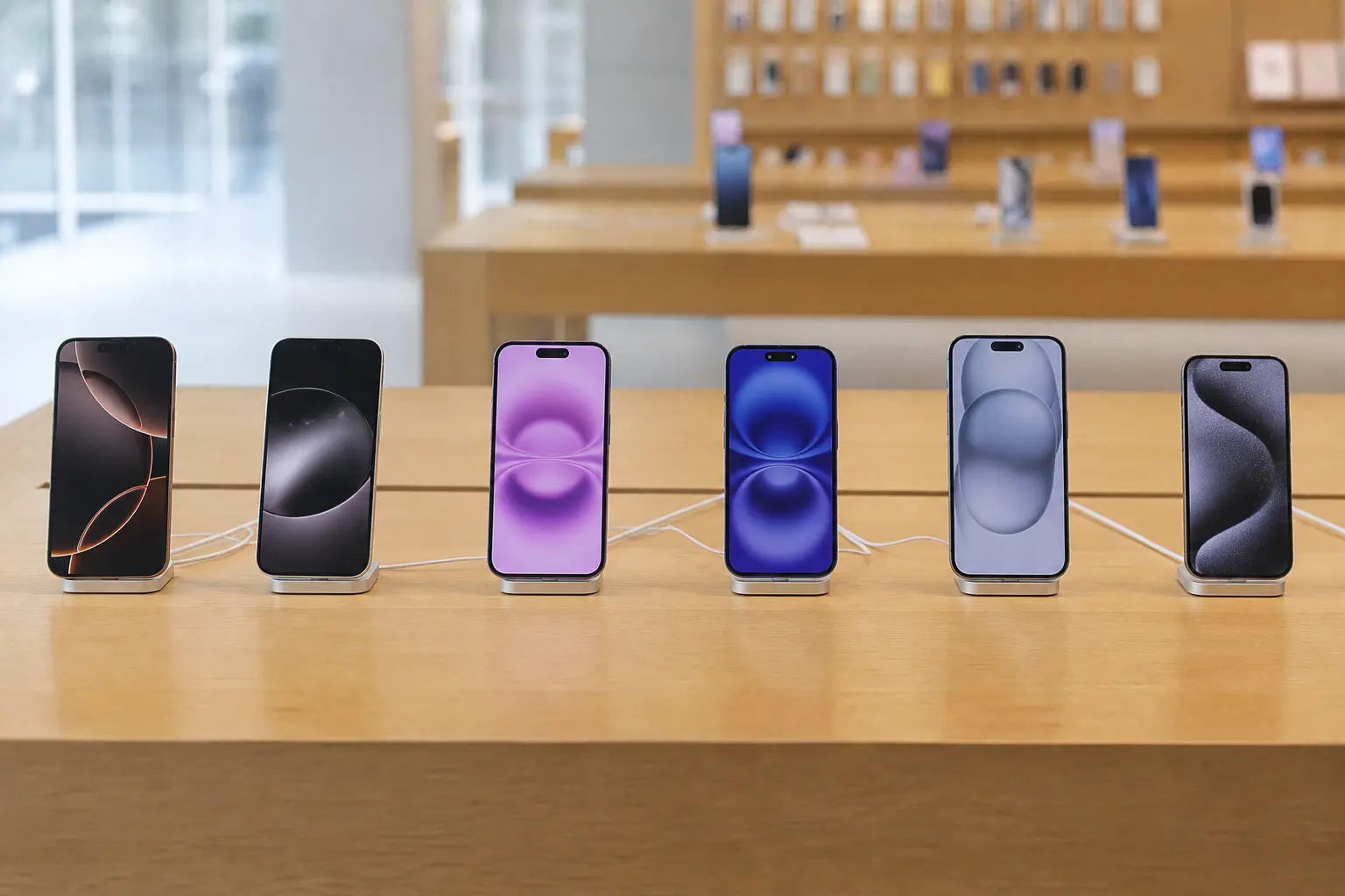 A row of current iPhones resting on a light wooden display table inside an Apple Store, photographed straight-on at eye level in even daylight.
