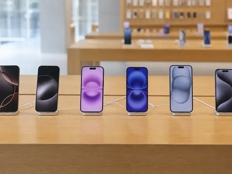 A row of current iPhones resting on a light wooden display table inside an Apple Store, photographed straight-on at eye level in even daylight.