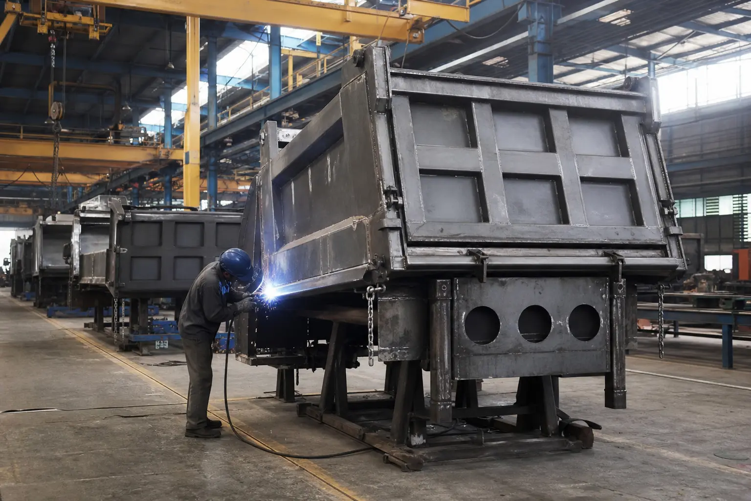 A wide factory-floor shot of steel tipper truck bodies being assembled and welded by workers under fabrication gantries inside a commercial-vehicle components p