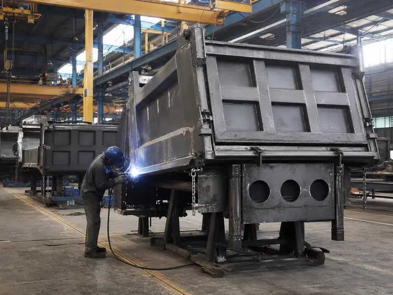 A wide factory-floor shot of steel tipper truck bodies being assembled and welded by workers under fabrication gantries inside a commercial-vehicle components p
