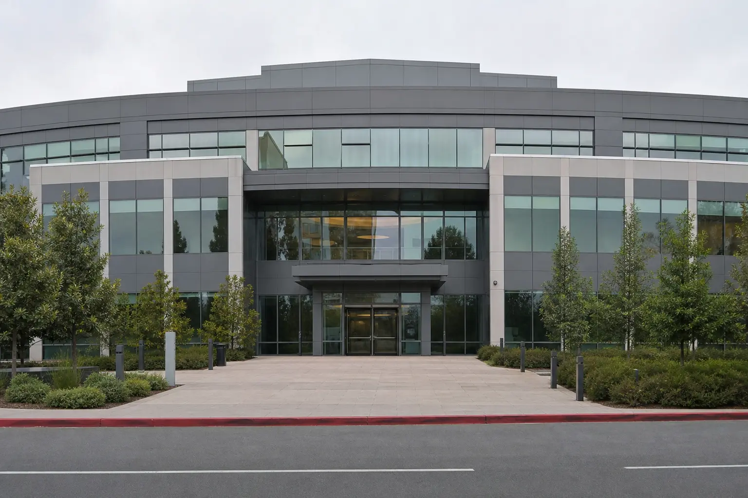 The C3.ai headquarters office building in Redwood City, California, photographed head-on at eye level in flat daylight.