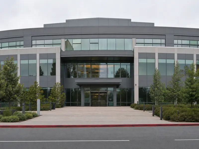 The C3.ai headquarters office building in Redwood City, California, photographed head-on at eye level in flat daylight.