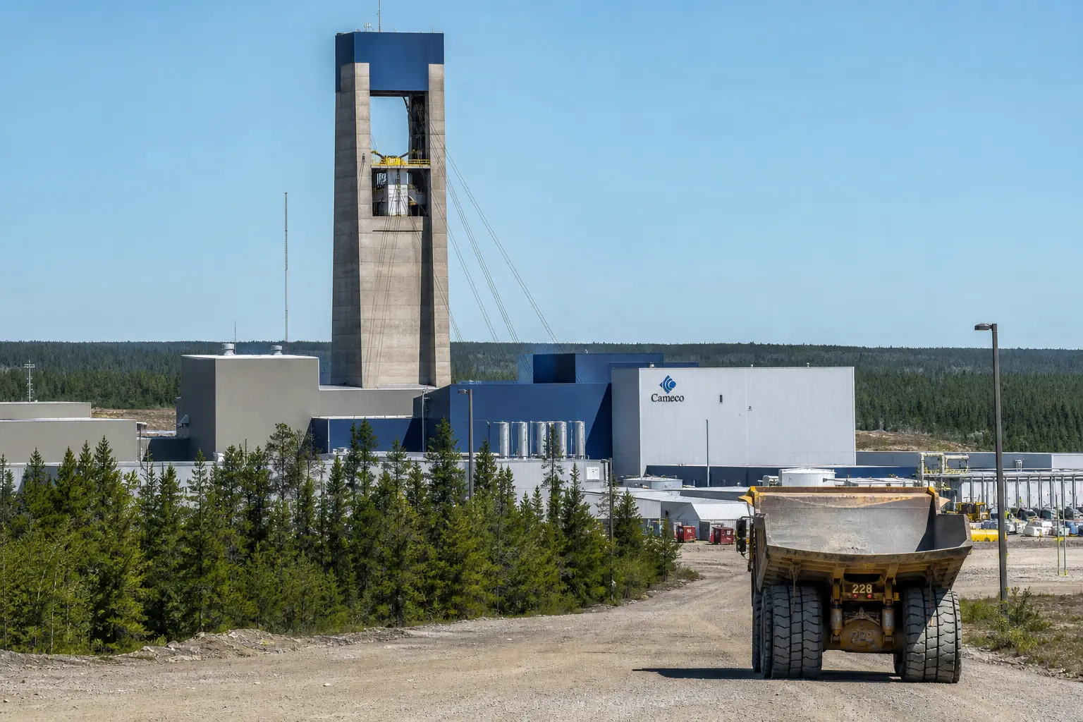 A wide daylight establishing shot of the Cigar Lake uranium mine's surface headframe and processing buildings in the northern Saskatchewan forest, with Cameco b