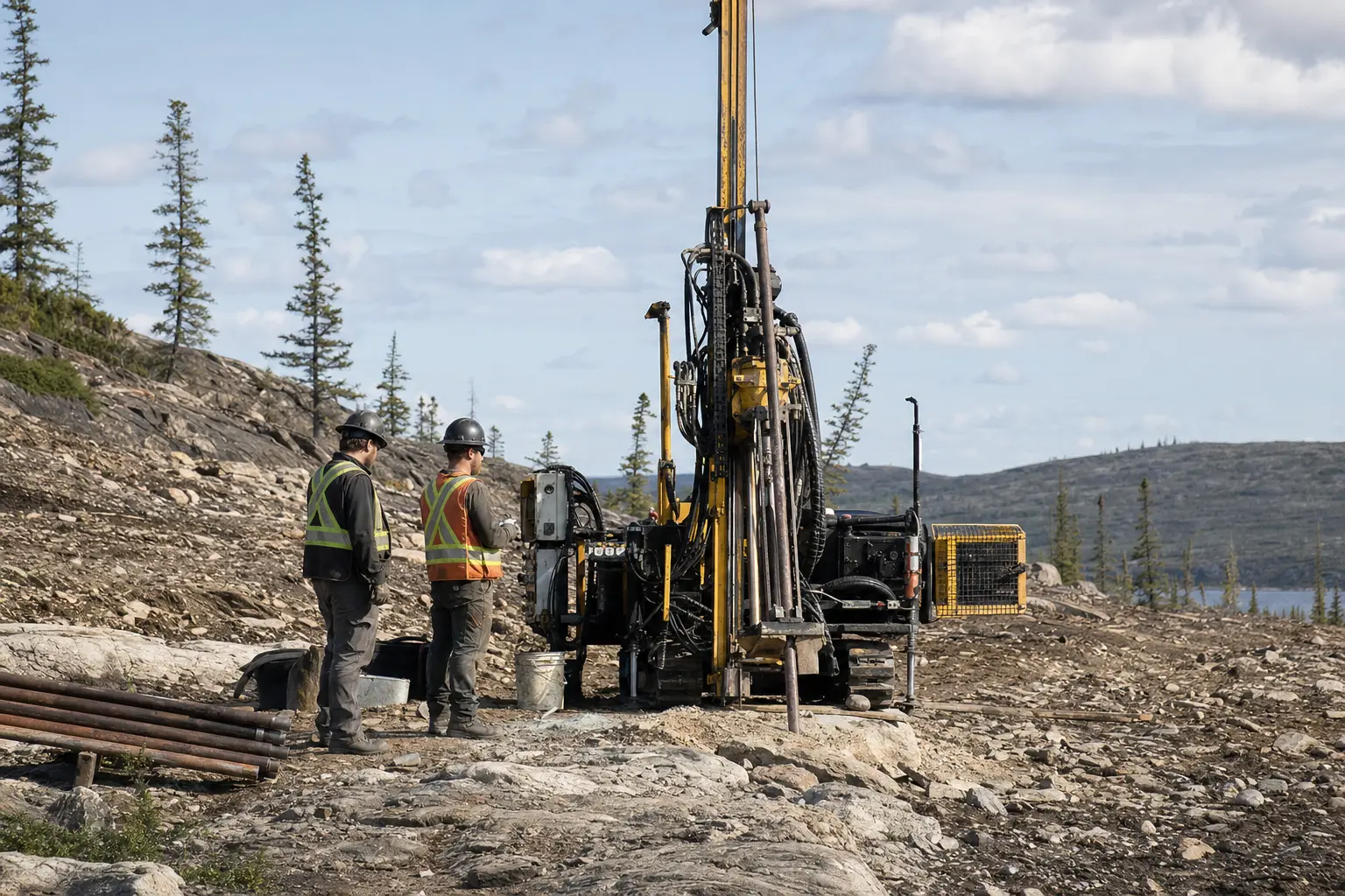 A wide daylight documentary shot of a compact drilling rig operating on a rocky Canadian mineral exploration site, with two technicians in high-visibility vests