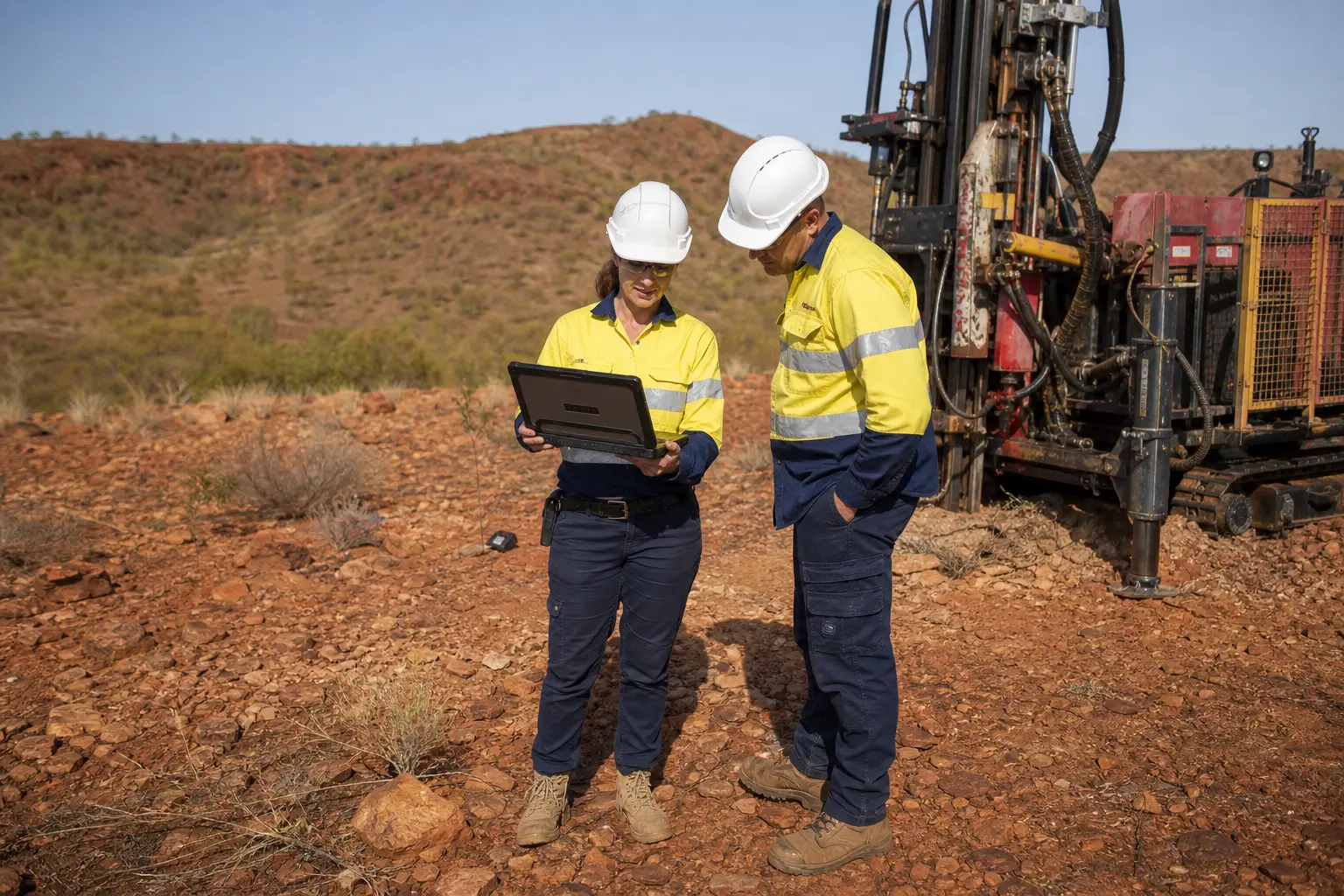 A wide daylight shot of two engineers in hi-vis vests and hard hats standing beside a compact drilling rig at a mineral exploration site, one holding a rugged l