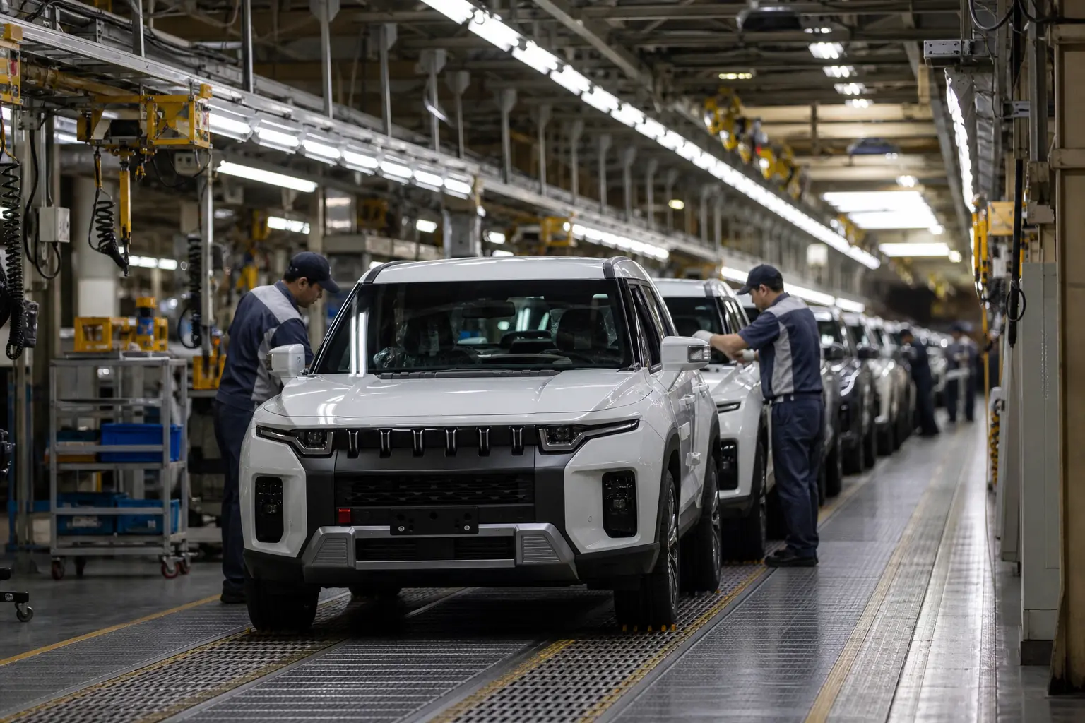 A wide shot of KG Mobility SUVs moving along the assembly line inside the company's Pyeongtaek factory in South Korea, with workers at their stations under the