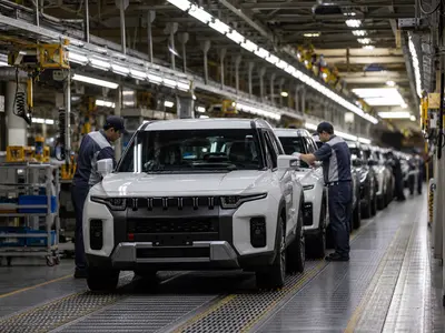 A wide shot of KG Mobility SUVs moving along the assembly line inside the company's Pyeongtaek factory in South Korea, with workers at their stations under the