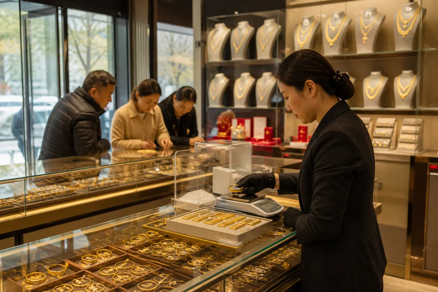 A wide eye-level shot of a Chinese gold jewelry shop counter where a shop assistant weighs gold bangles and bars on a scale while customers browse illuminated d