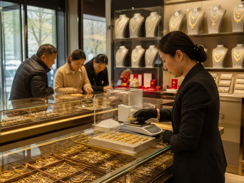 A wide eye-level shot of a Chinese gold jewelry shop counter where a shop assistant weighs gold bangles and bars on a scale while customers browse illuminated d