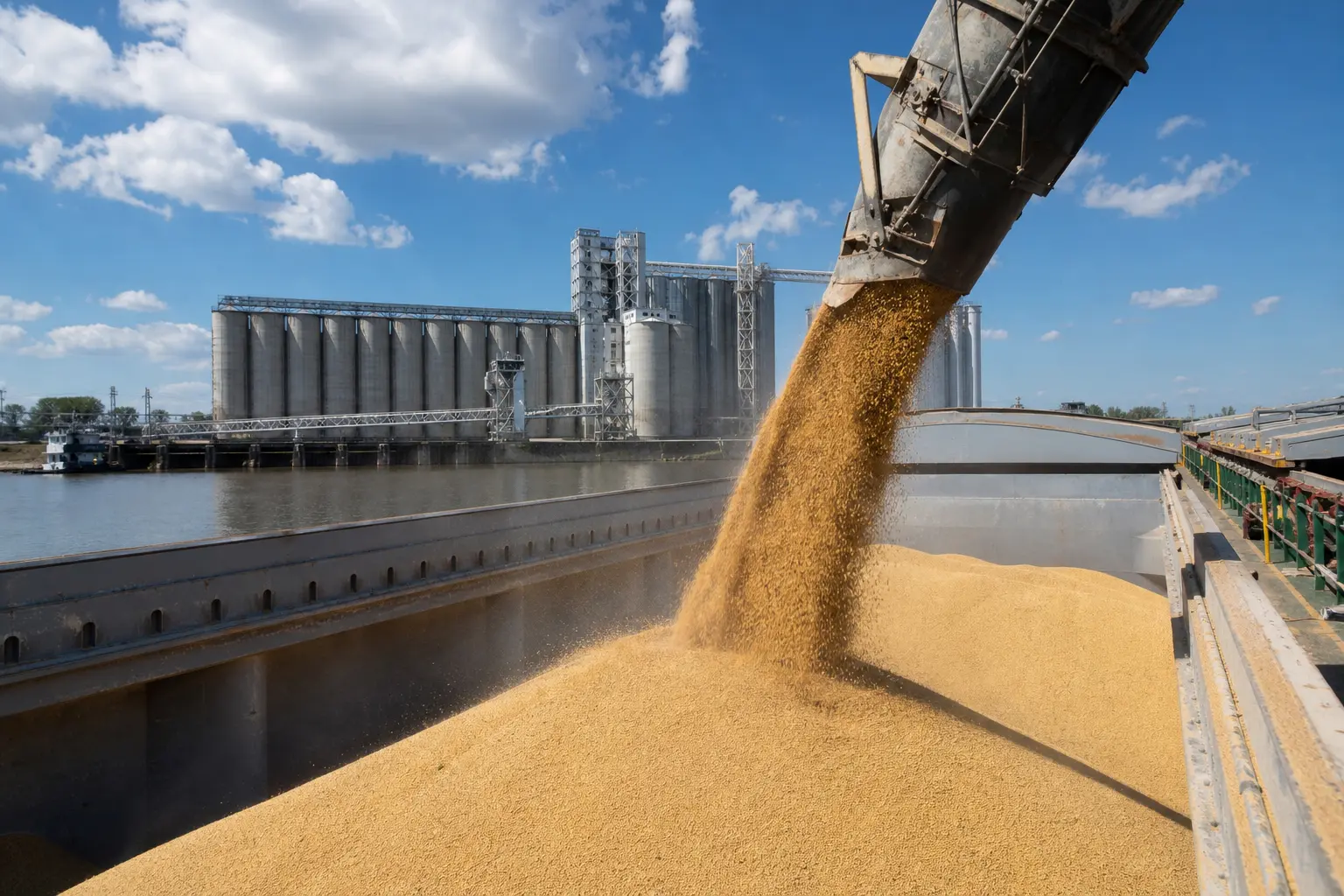 Wide daytime shot of golden soybeans cascading from a loading spout into the hold of a bulk cargo ship at a U.S. river grain export terminal, with the terminal'