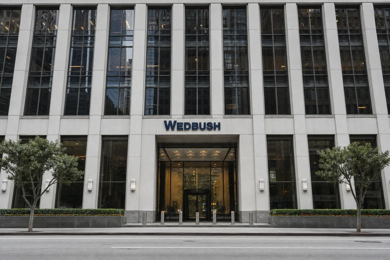 The front-on exterior of the Wedbush Securities office tower in downtown Los Angeles seen from street level in flat daylight.