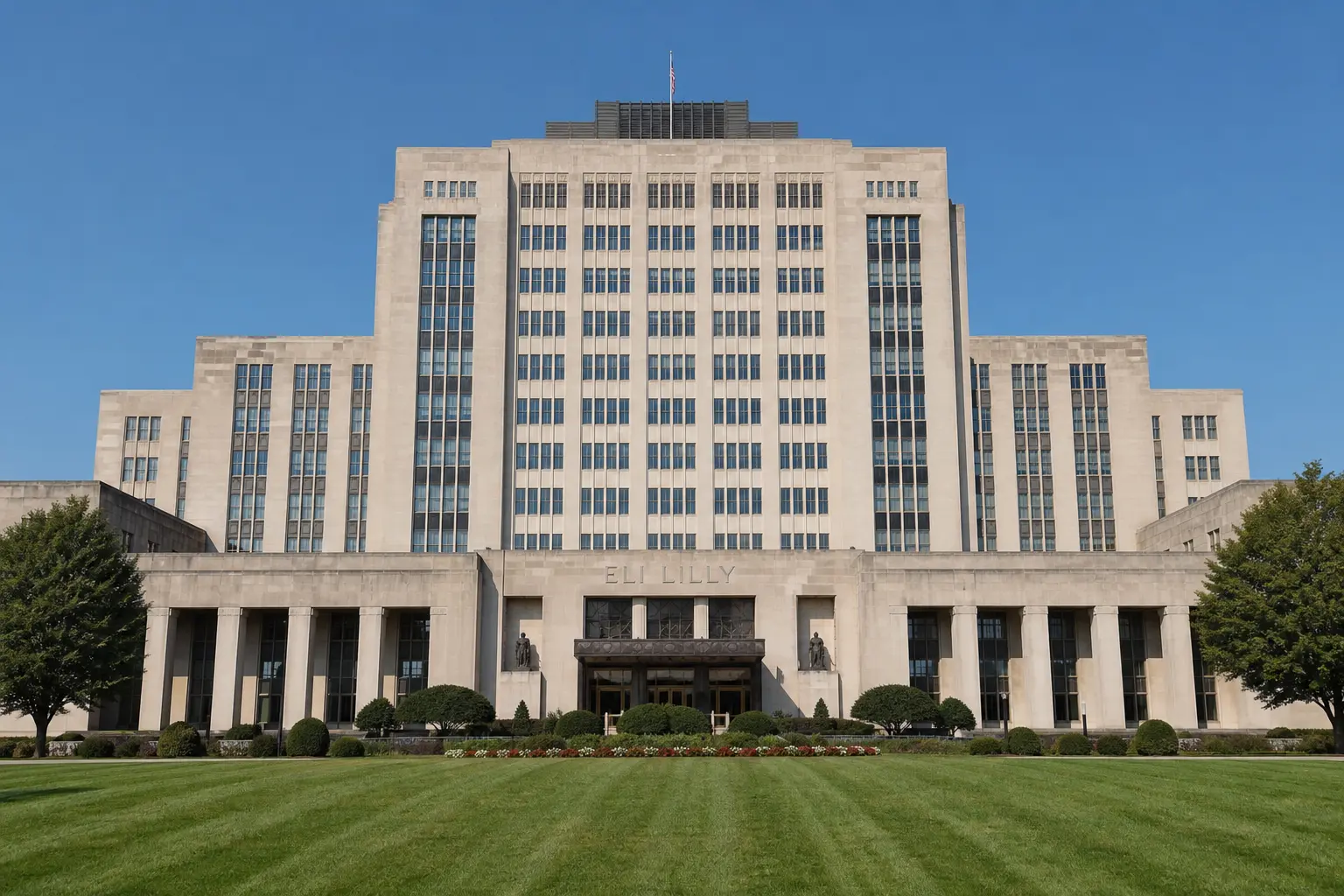 A wide front-on daylight shot of the Eli Lilly corporate headquarters building in Indianapolis, its name visible incidentally on the facade above the entrance.