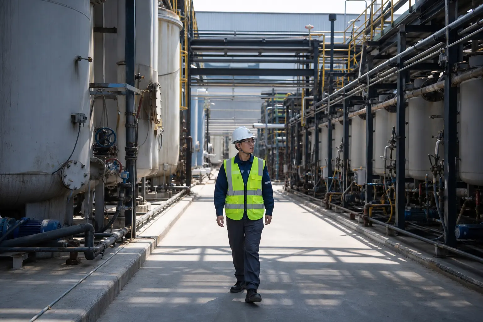 A wide daylight documentary photograph inside a rare-earth and critical-minerals processing plant, a worker in hard hat and hi-vis vest walking past rows of ste
