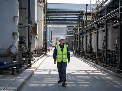 A wide daylight documentary photograph inside a rare-earth and critical-minerals processing plant, a worker in hard hat and hi-vis vest walking past rows of ste