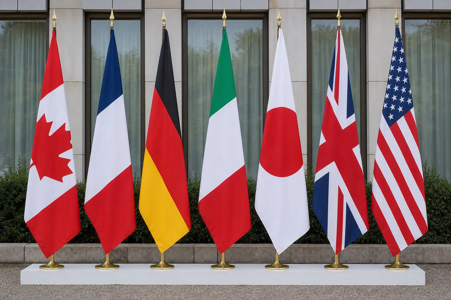 The row of national flags of the G7 member countries standing side by side outside a summit venue, photographed head-on in flat natural daylight.