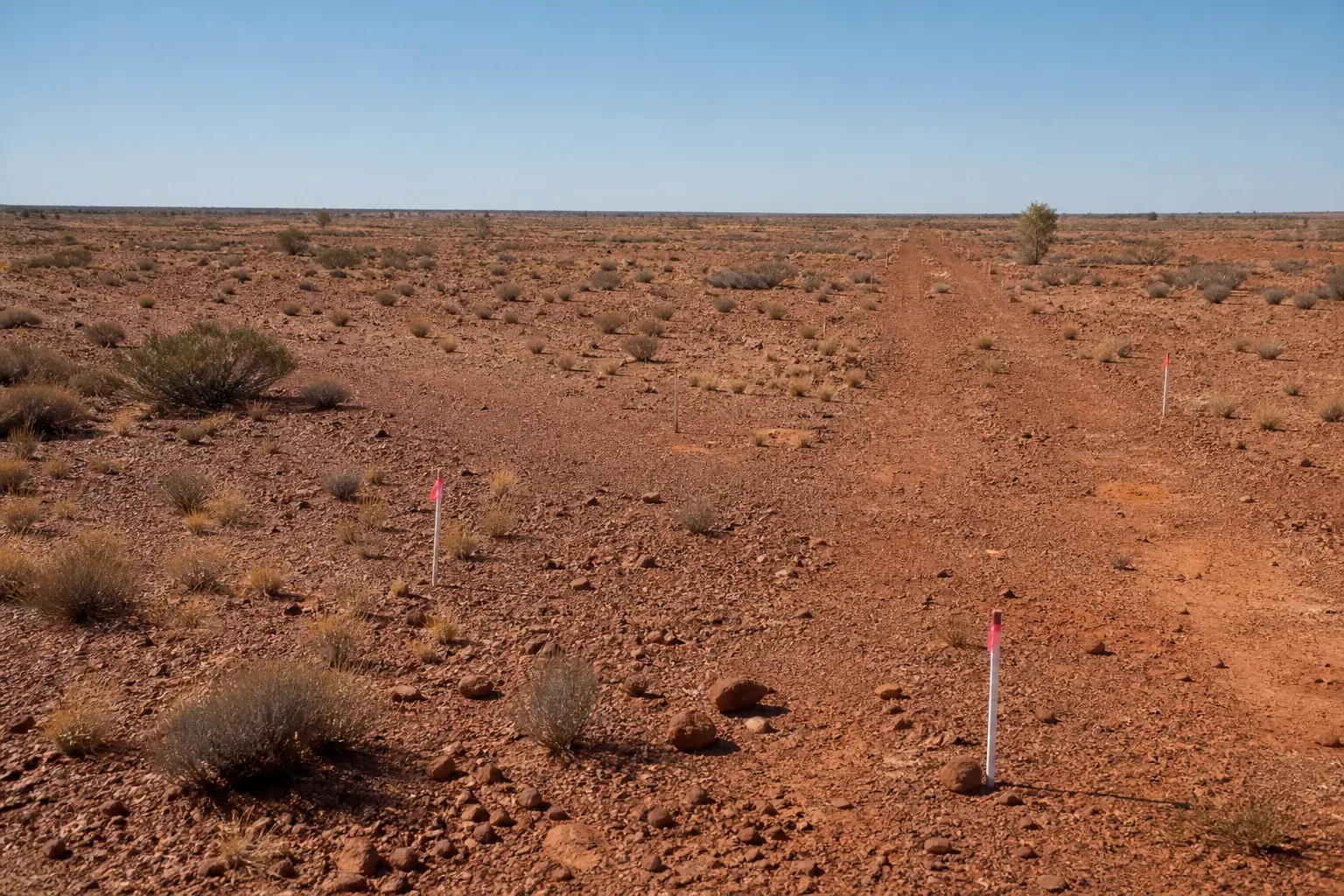 A wide establishing shot of the arid, scrub-covered red-earth terrain of a remote Western Australian lithium project site under bright midday daylight, with a d