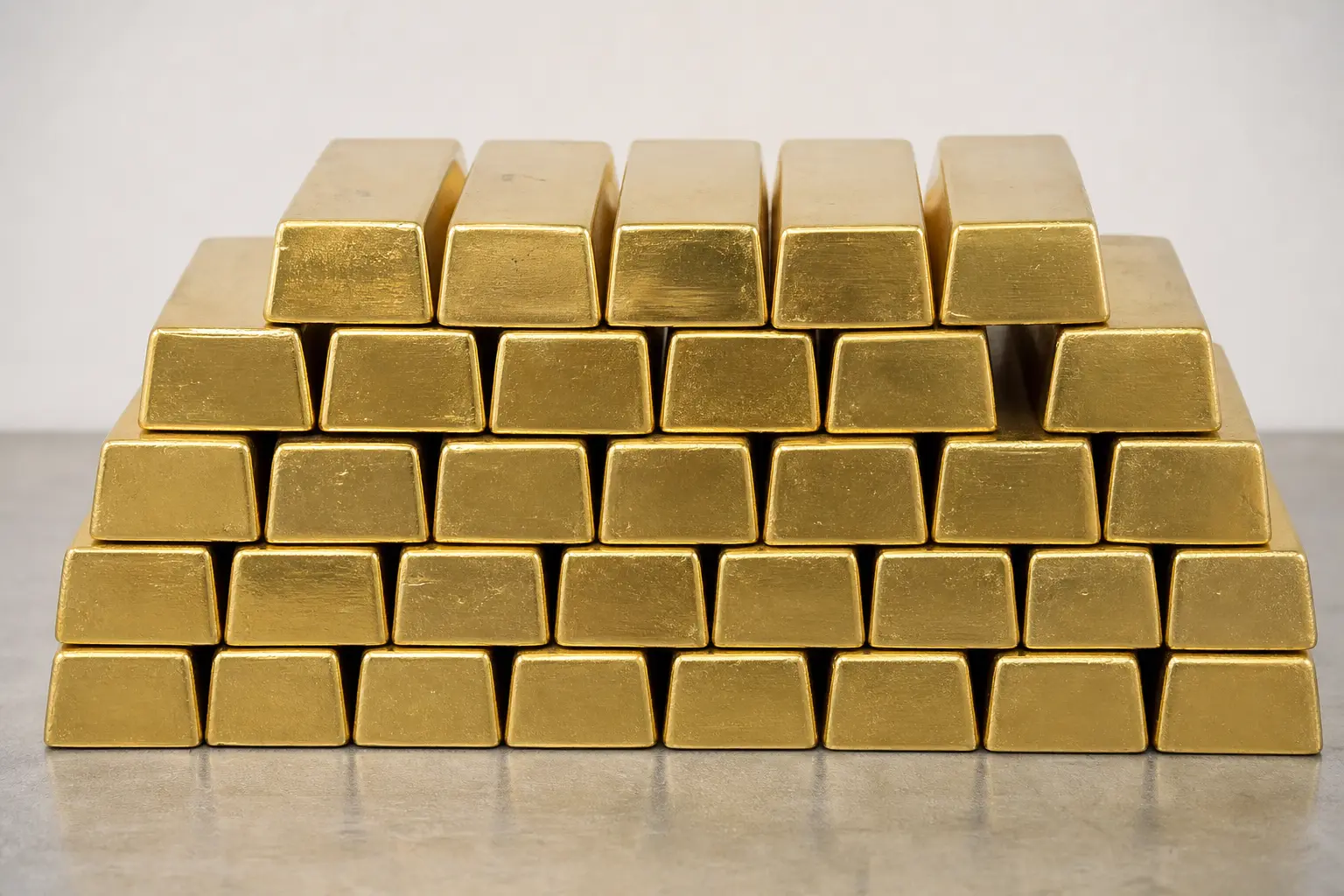 A neatly stacked row of refined gold bullion bars photographed head-on on a plain surface under even daylight.