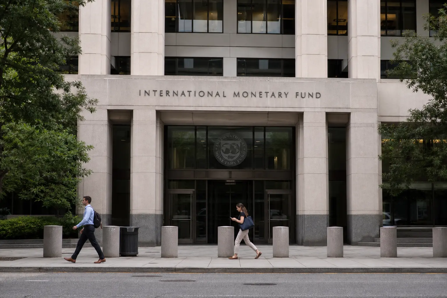 A straight front-on daylight view of the International Monetary Fund headquarters building in Washington, DC, its name lettering visible on the stone facade abo
