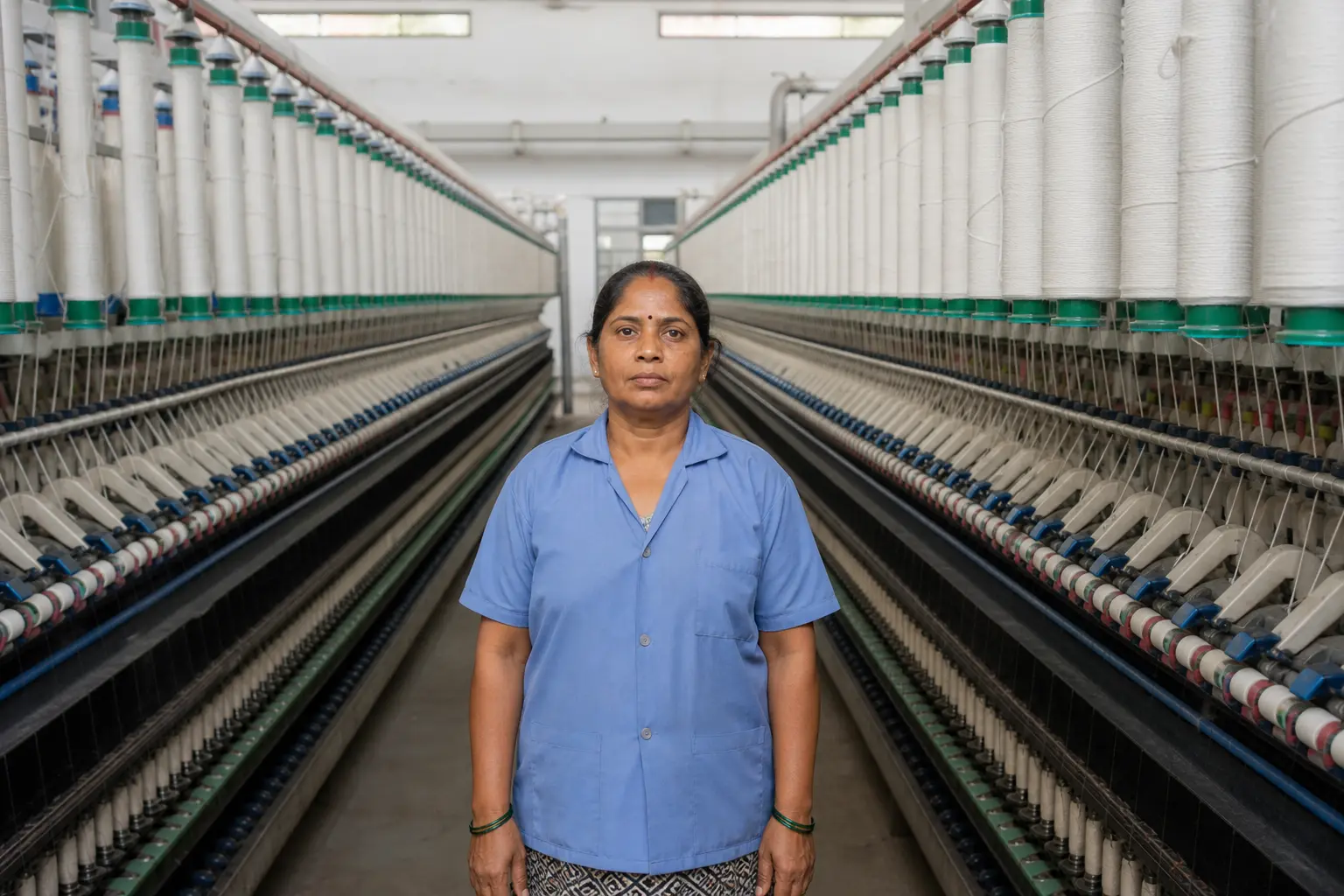 Rows of spinning machinery inside an operating Indian textile mill processing white cotton into yarn, seen straight-on down the factory aisle under plain daylig