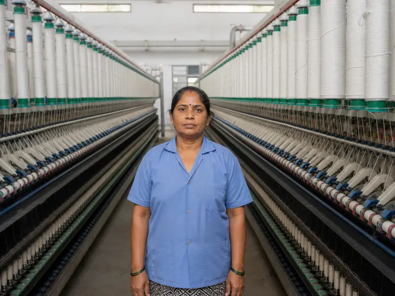 Rows of spinning machinery inside an operating Indian textile mill processing white cotton into yarn, seen straight-on down the factory aisle under plain daylig