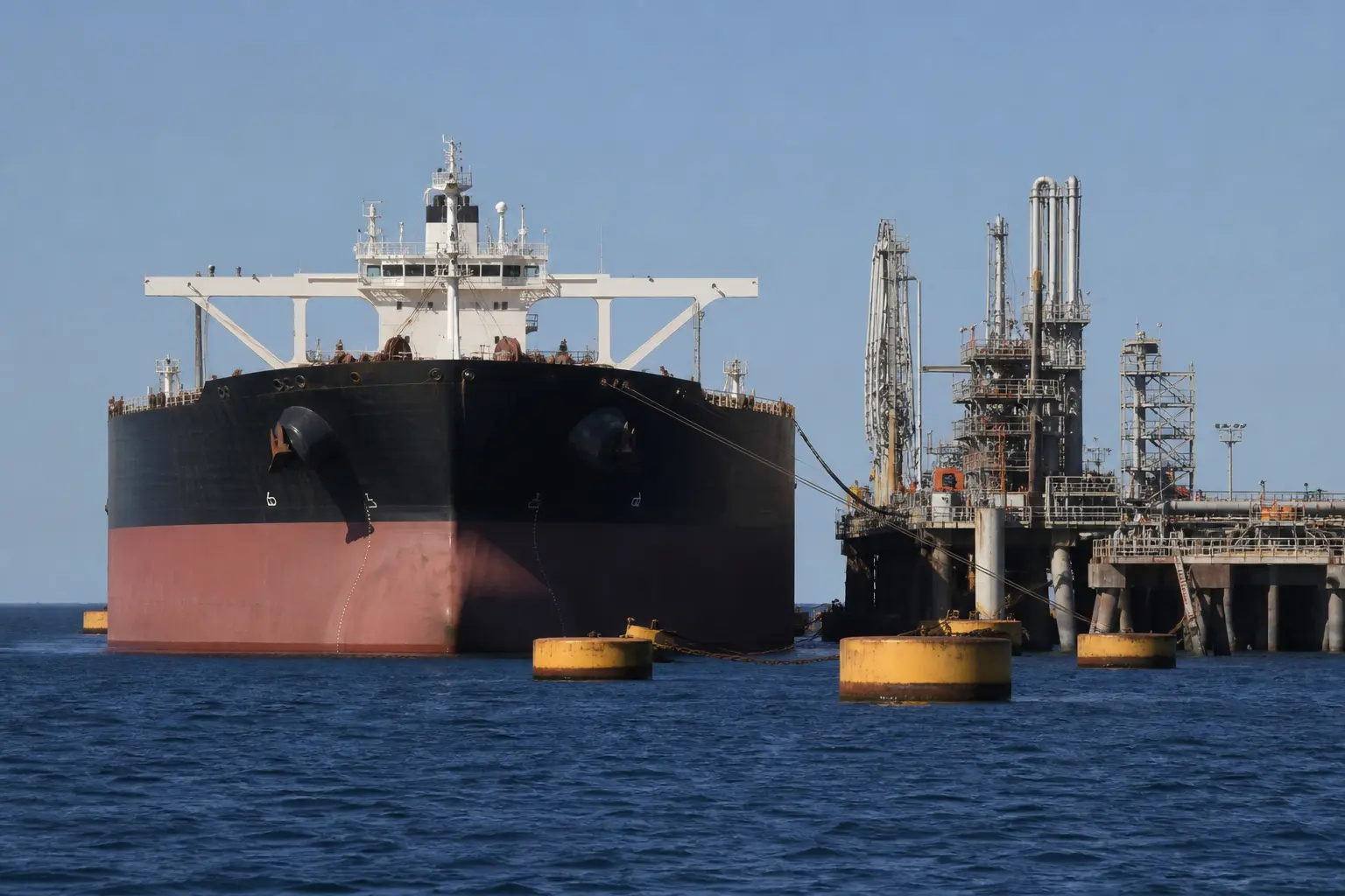 A wide daylight shot of a large crude oil tanker moored at an offshore Gulf loading terminal with pipelines and mooring buoys in calm water, taken from sea leve