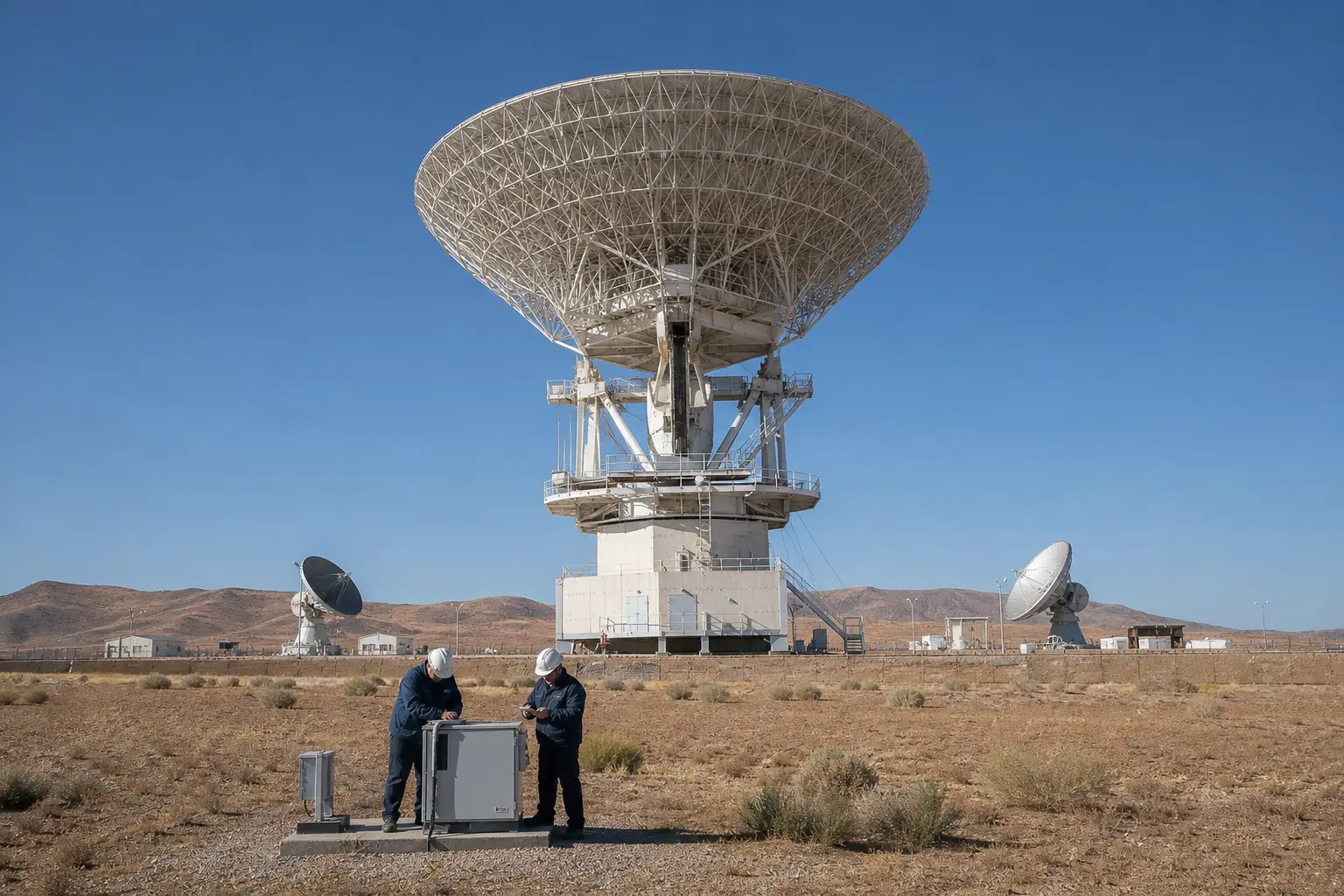 A wide establishing shot of a ground-based space surveillance radar antenna and tracking dishes set against an open desert sky in ordinary daylight, with techni