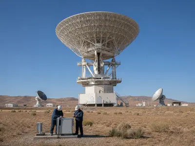 A wide establishing shot of a ground-based space surveillance radar antenna and tracking dishes set against an open desert sky in ordinary daylight, with techni