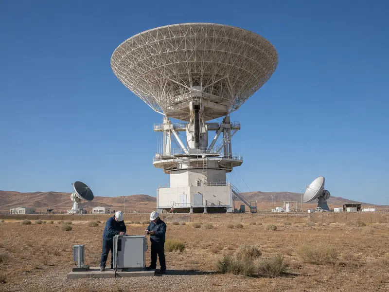 A wide establishing shot of a ground-based space surveillance radar antenna and tracking dishes set against an open desert sky in ordinary daylight, with techni