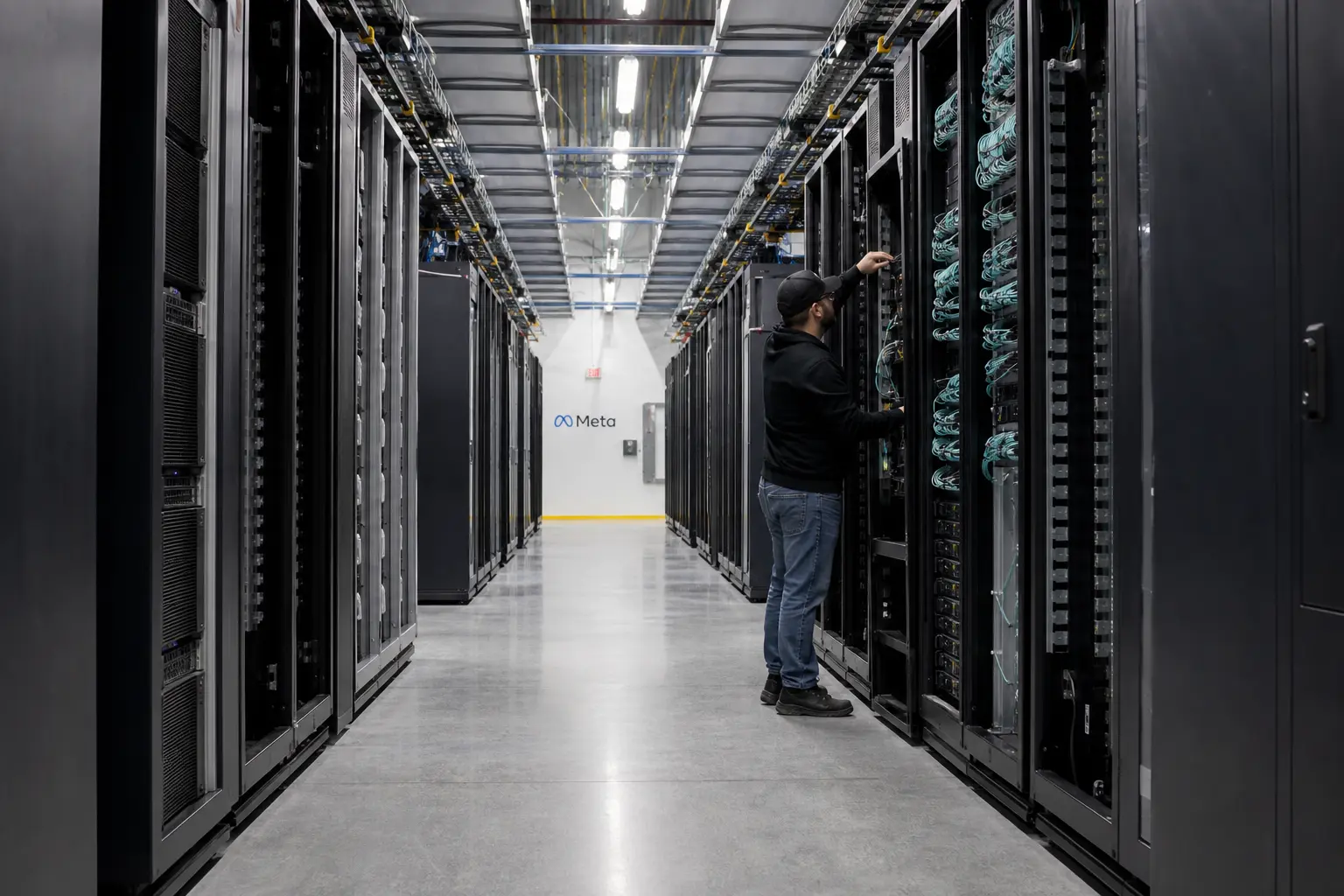 A wide interior shot of a Meta data center hall lined with rows of server racks under cool overhead lighting, a technician working at one open cabinet, the Meta