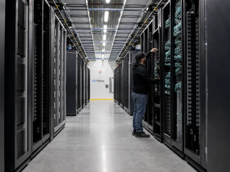 A wide interior shot of a Meta data center hall lined with rows of server racks under cool overhead lighting, a technician working at one open cabinet, the Meta