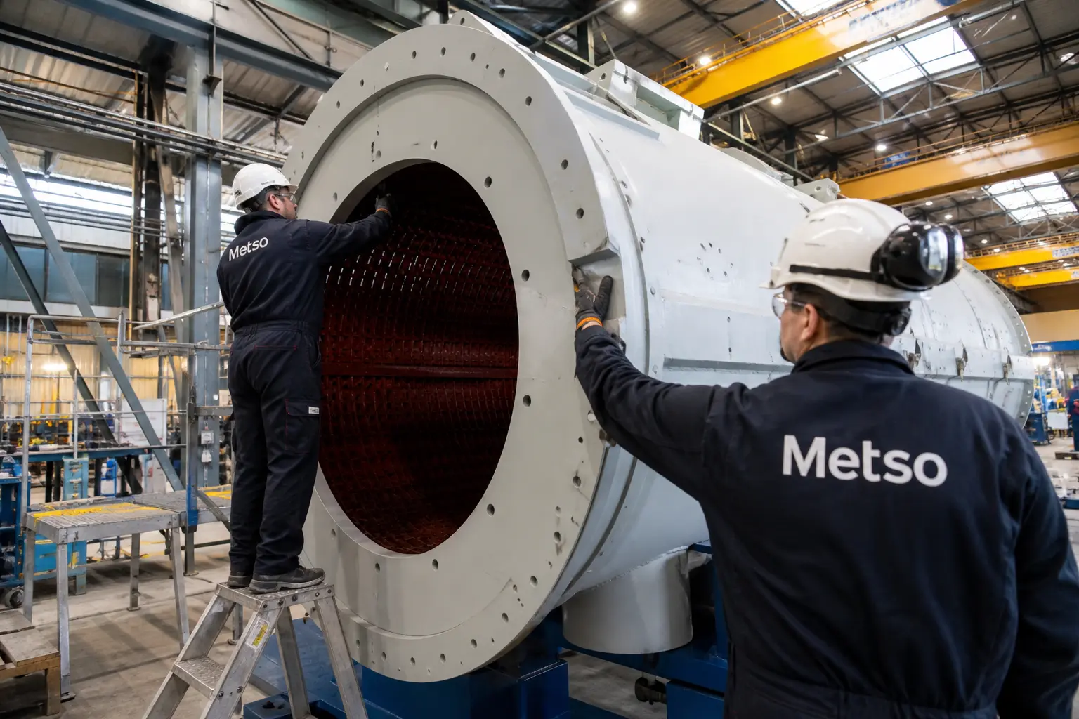 A wide shop-floor view inside a heavy-equipment assembly hall where technicians in branded workwear fit sections of a large grinding mill shell, with Metso lett