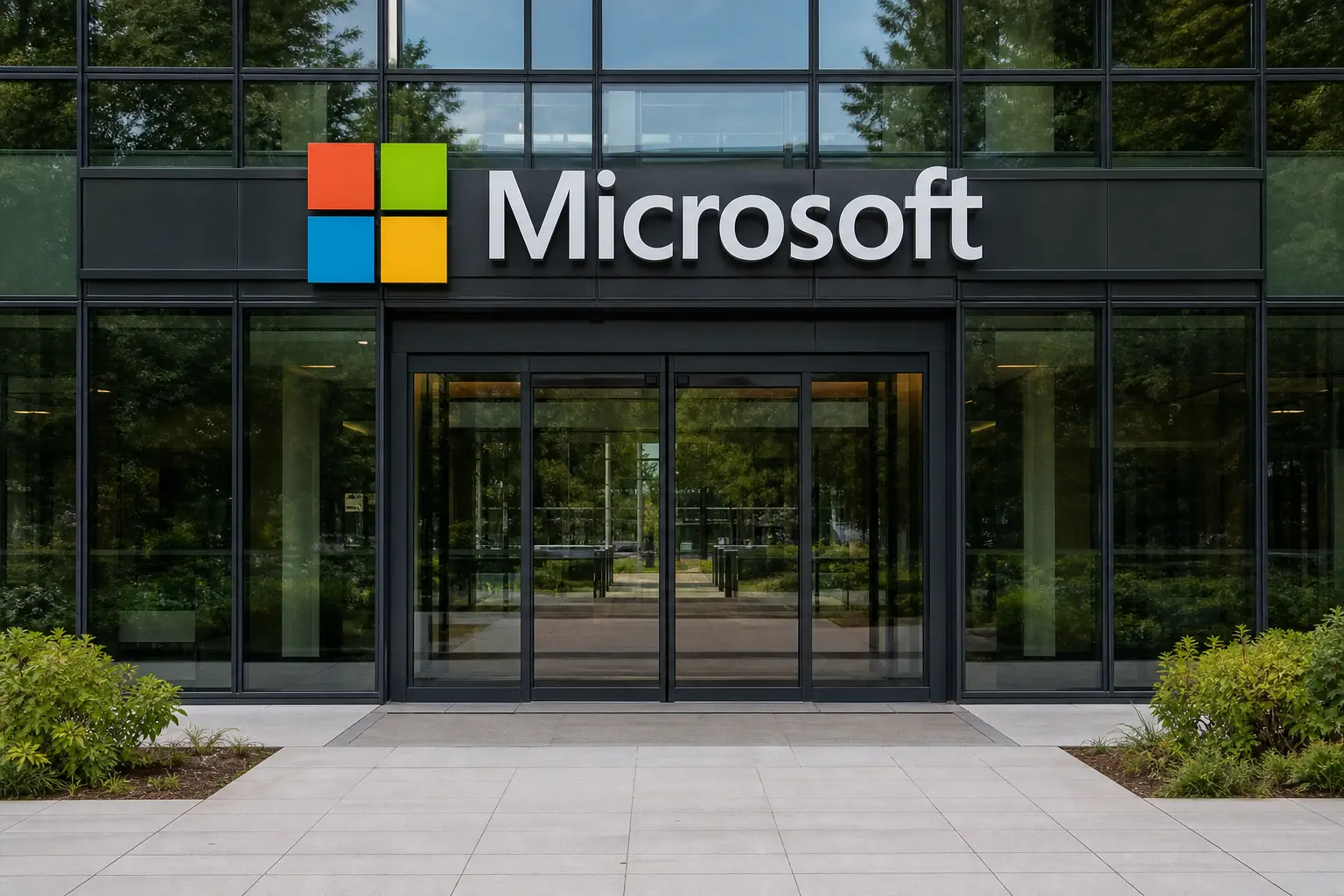 A straight-on, eye-level daylight view of the exterior signage and glass entrance of a Microsoft office building on its Redmond campus.