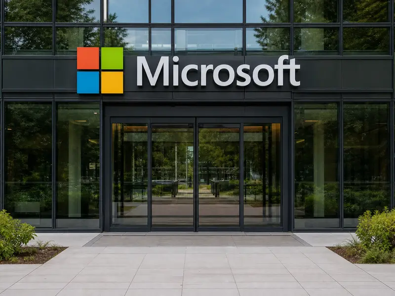 A straight-on, eye-level daylight view of the exterior signage and glass entrance of a Microsoft office building on its Redmond campus.