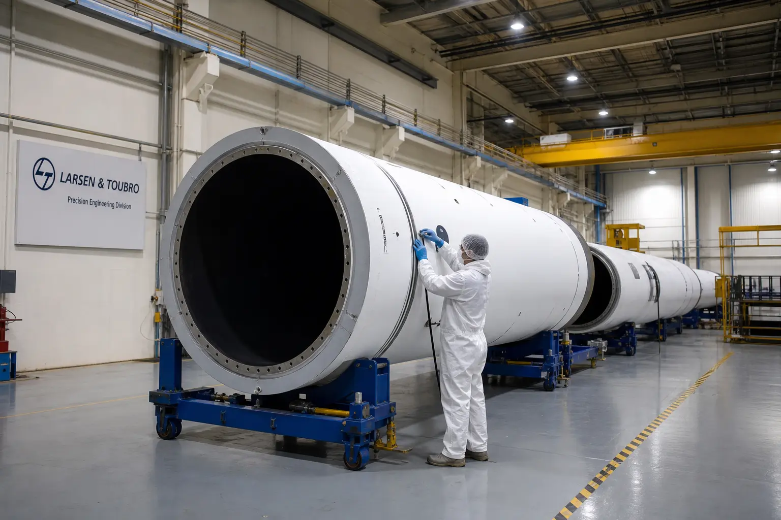 A wide interior shot of a defense manufacturing floor where technicians in protective gear work on large white cylindrical solid rocket motor casings under indu