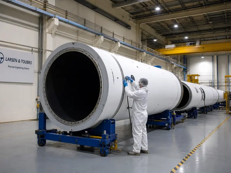A wide interior shot of a defense manufacturing floor where technicians in protective gear work on large white cylindrical solid rocket motor casings under indu