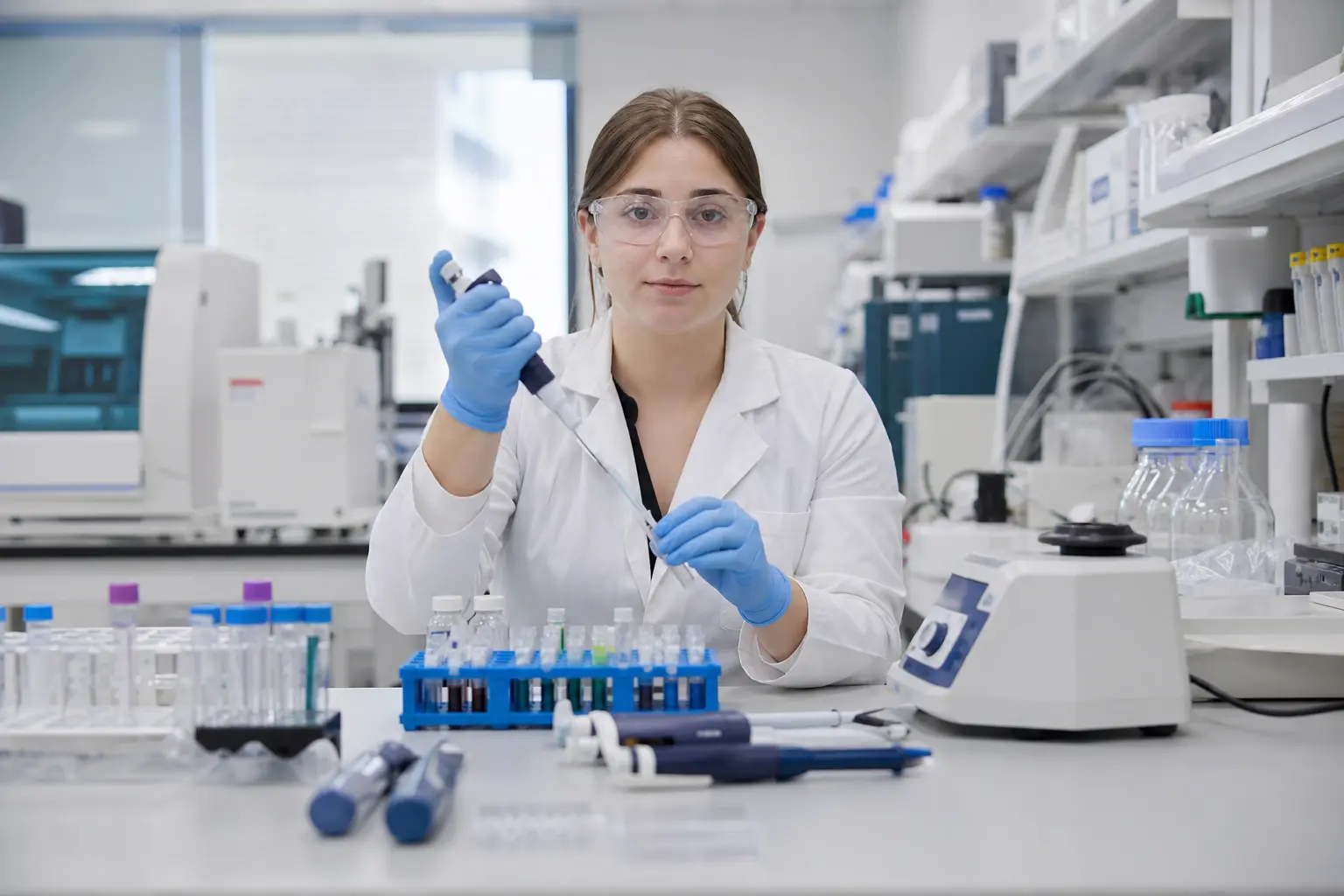 A working pharmaceutical research laboratory bench seen straight-on in flat natural daylight, with a row of glass vials, pipettes, and benchtop instruments arra
