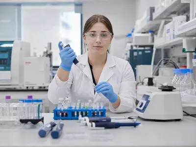 A working pharmaceutical research laboratory bench seen straight-on in flat natural daylight, with a row of glass vials, pipettes, and benchtop instruments arra