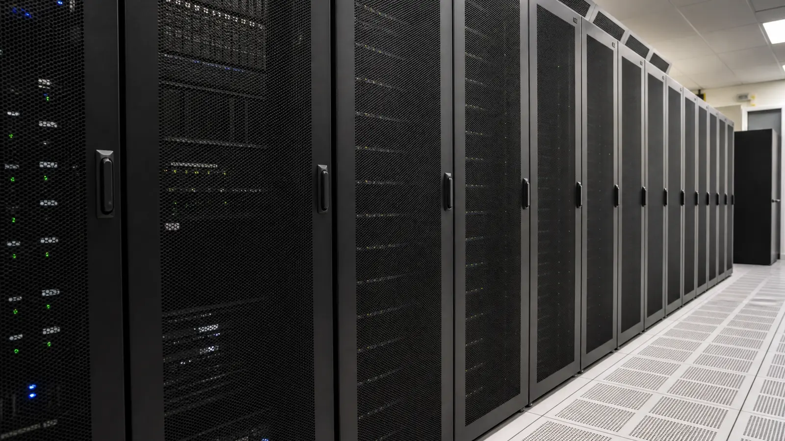 A row of black server racks inside a secure government-style data center room, photographed in plain neutral light.. Approved.