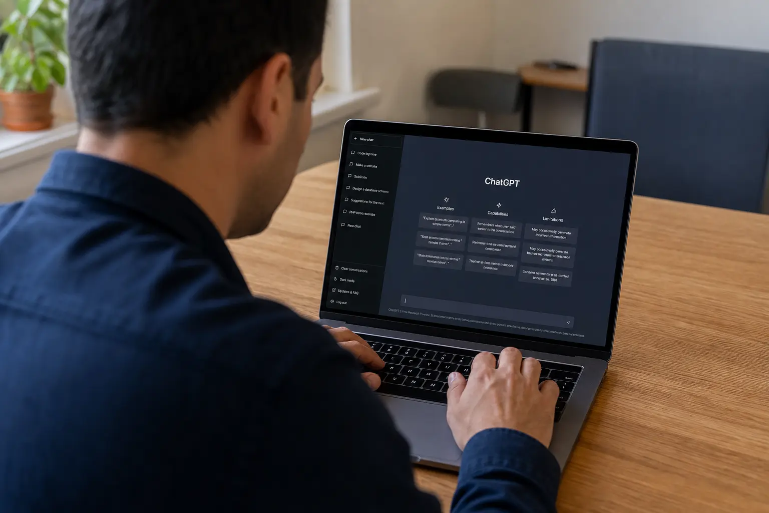 Over-the-shoulder view of a developer at a desk with a laptop showing the ChatGPT interface, the OpenAI logo small and incidental on the screen, in a softly lit