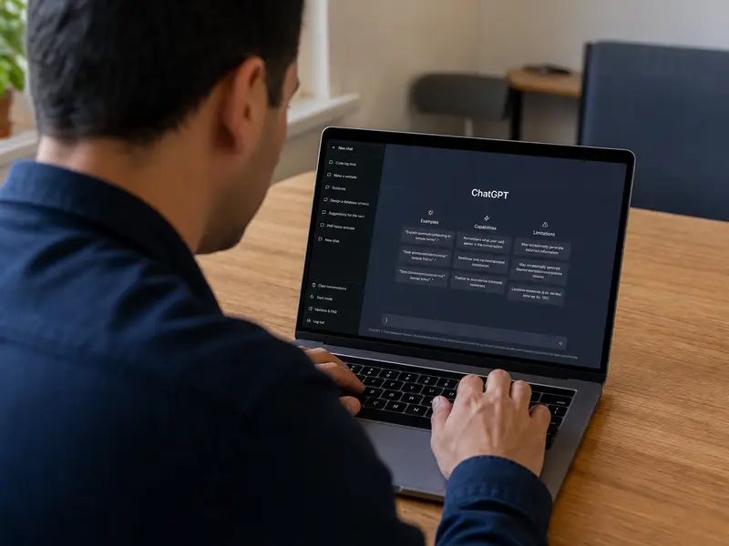 Over-the-shoulder view of a developer at a desk with a laptop showing the ChatGPT interface, the OpenAI logo small and incidental on the screen, in a softly lit