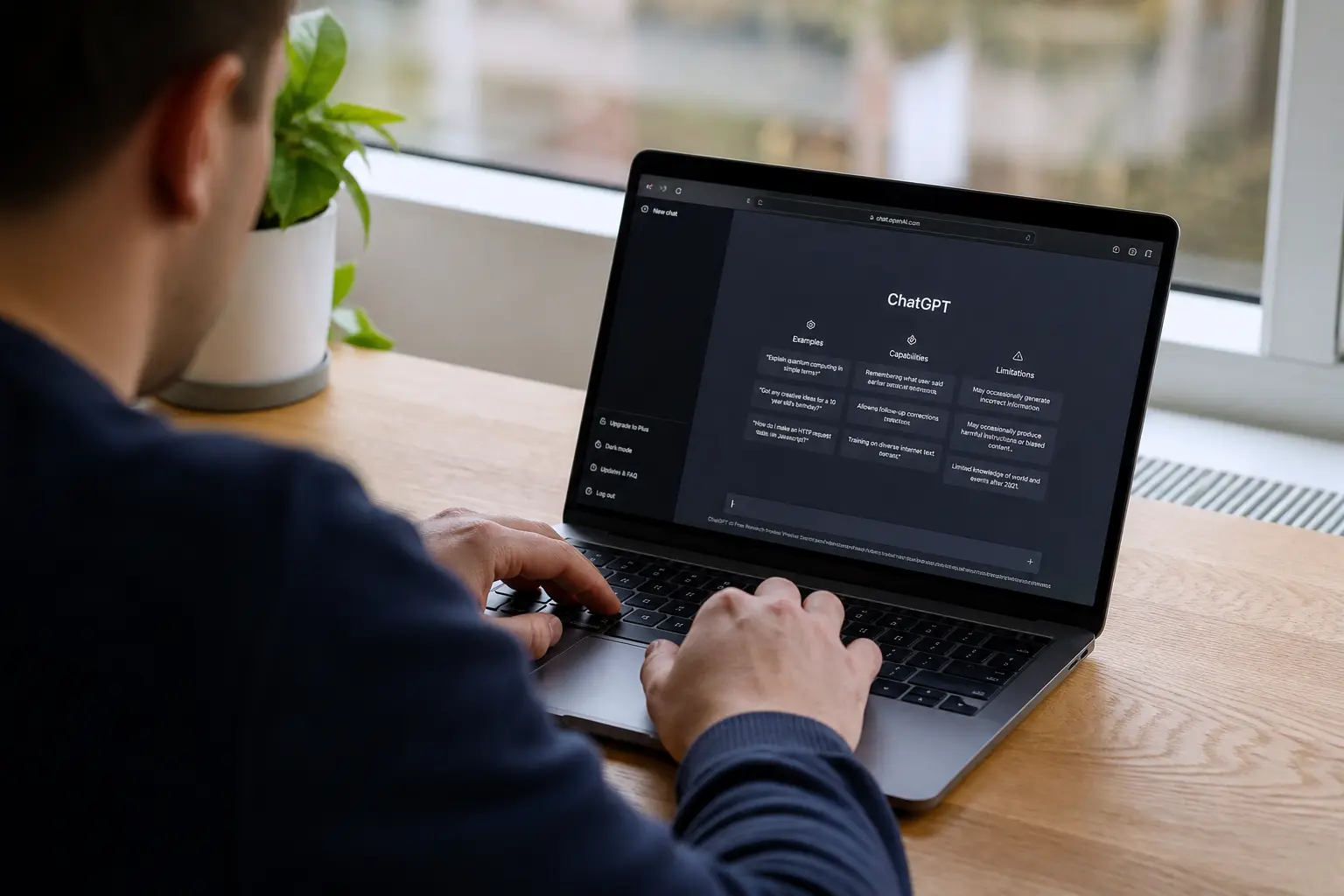 Over-the-shoulder shot of an office worker at a desk using a laptop with the ChatGPT interface open on the screen, natural daylight from a window, the OpenAI br